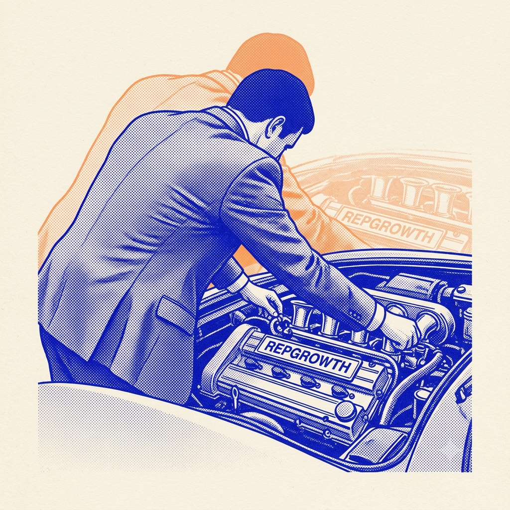 Riso-style illustration of hands tuning a REPGROWTH-branded engine, representing campaign launch