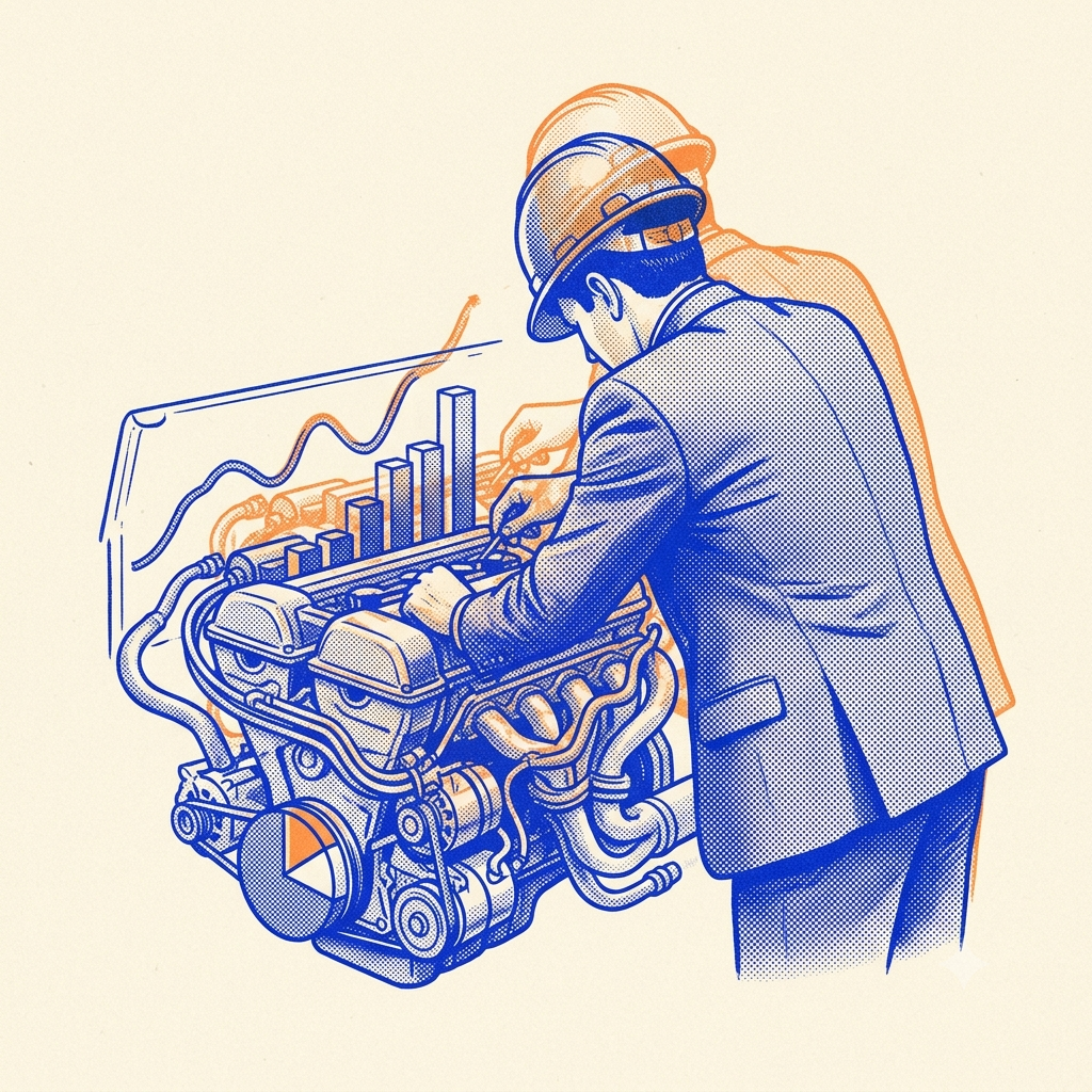 Riso-style illustration of a mechanic in a hardhat tuning a car engine with a performance chart overlay, representing ongoing optimisation