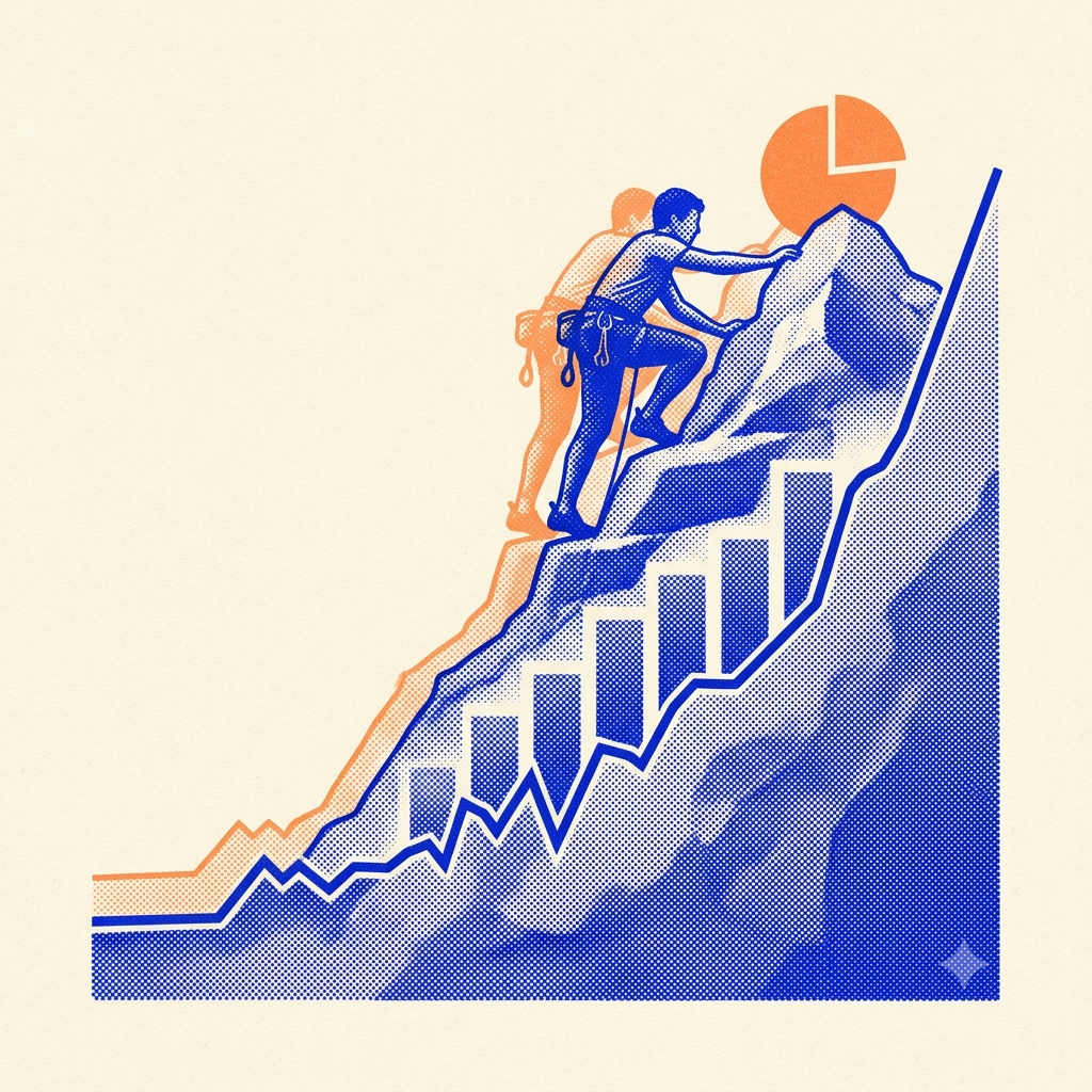 Riso-style illustration of a climber ascending a mountain of bar-chart steps, representing scaling winning campaigns