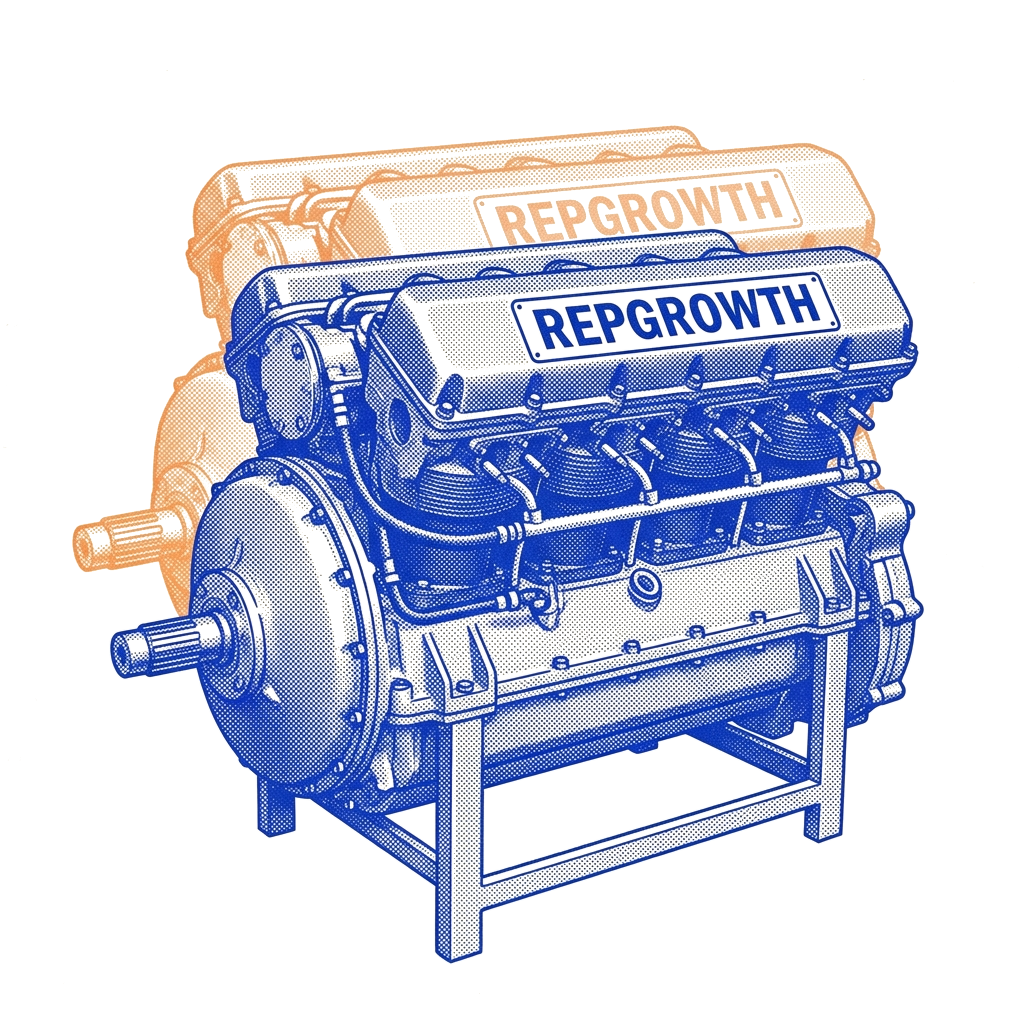 Illustrated riso-style engine labeled REPGROWTH, representing the RepGrowth Engine system